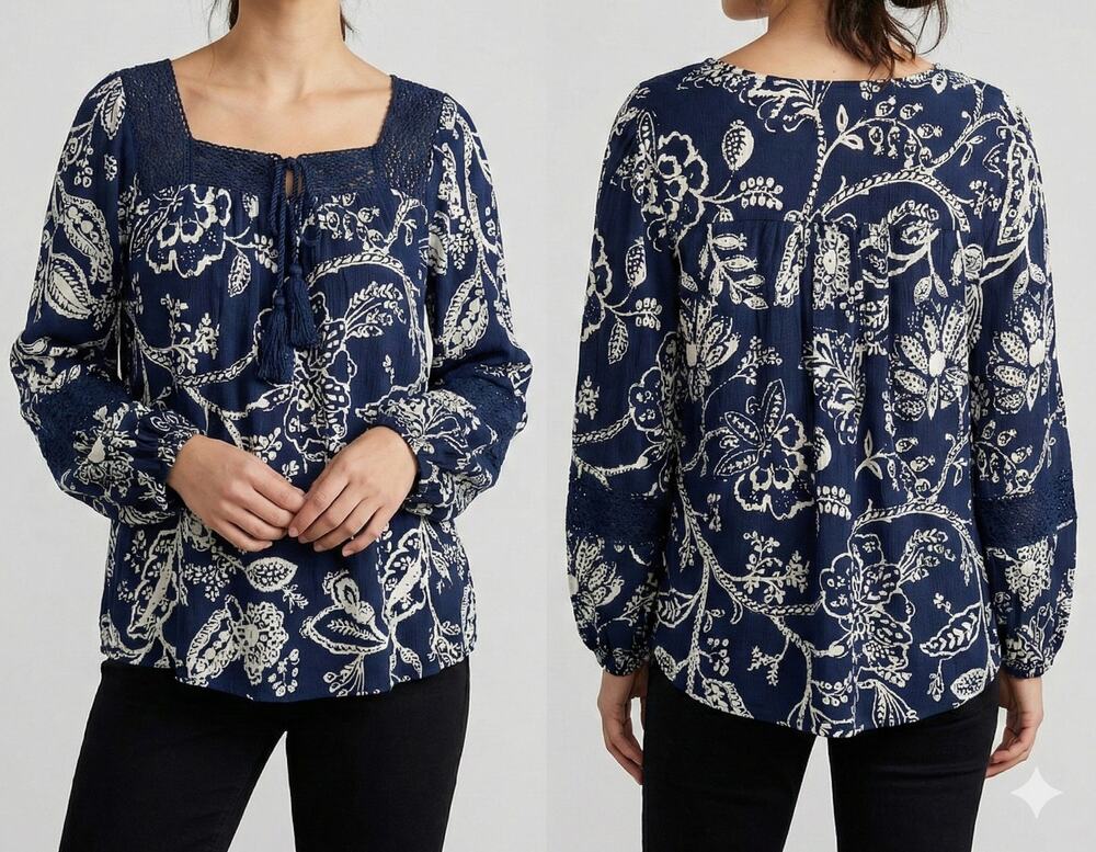 Falls Creek Small Blue White Floral Square Neck Long Sleeve Top Rayon
